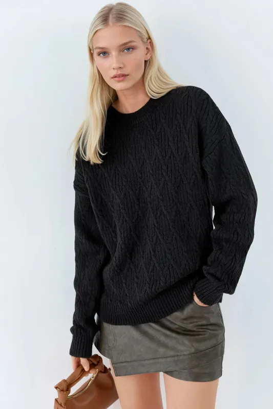 Oversized Jacquard Knit Sweater with Crew Neck - MyFashion