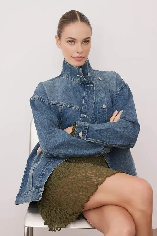 Washed High Neck Denim Jacket - WOVCOR