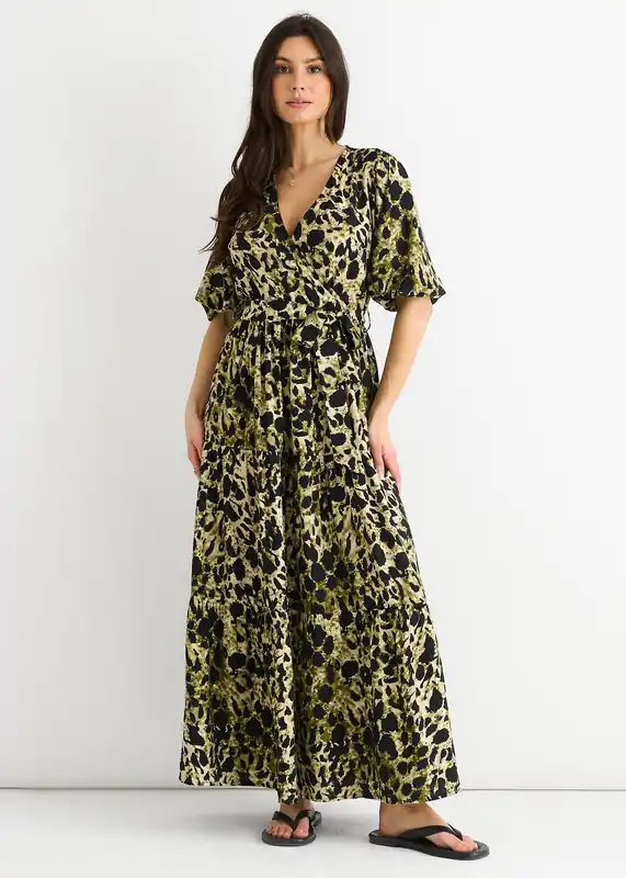 Green Animal Print Wrap Skater Midi Dress - Gini London