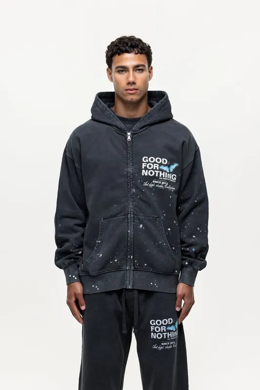 Splatter Detail Zip Through Hoodie - Good For Nothing