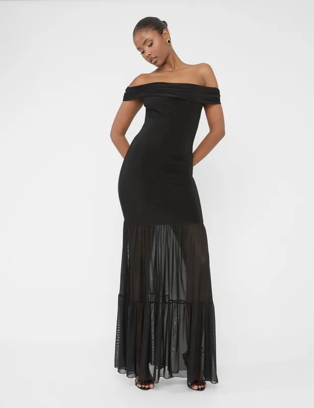 Slinky Bardot Fold Over Mesh Hem Maxi Dress Black - Public Desire