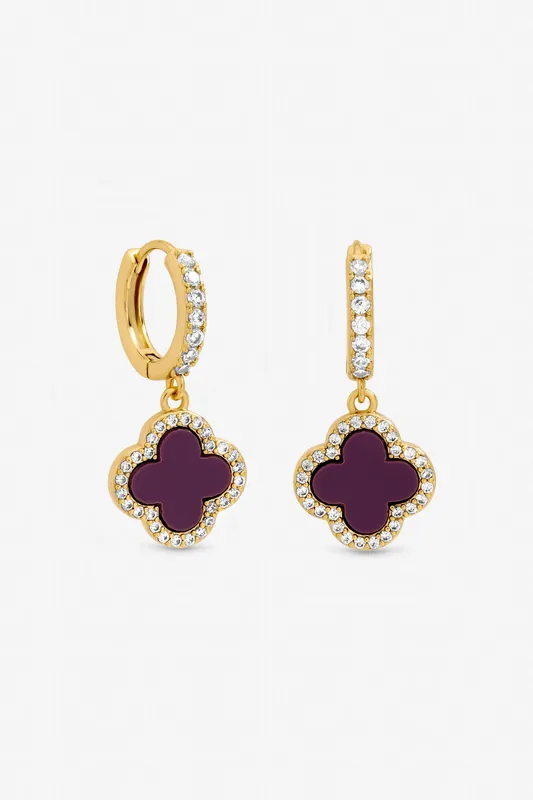 Gold Plated and Purple Clover Huggie Earrings - Jon Richard
