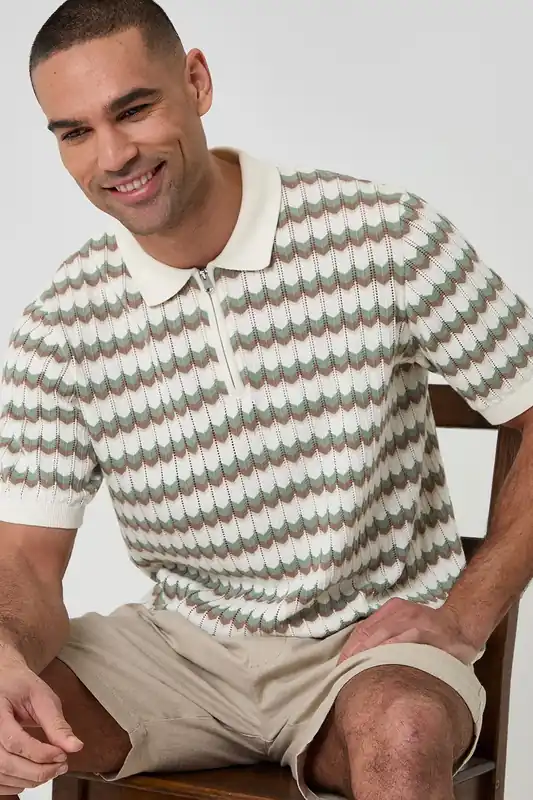 Herringbone Knitted Quarter Zip Polo - Threadbare