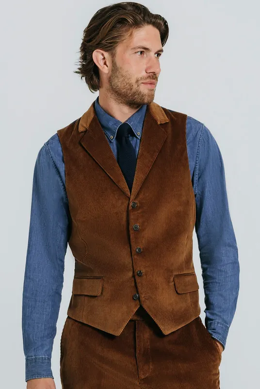 Mid Brown Corduroy Notch Lapel Waistcoat - Dobell