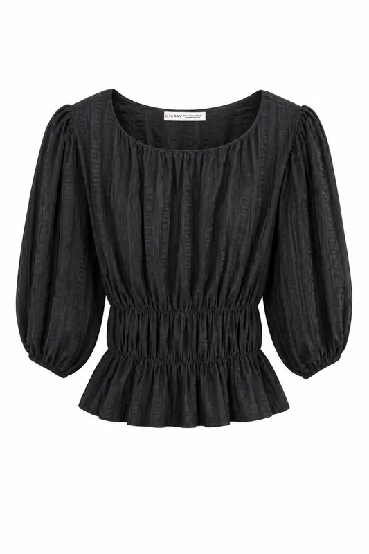 Textured U Collar Three Quarter Sleeve Peplum Blouse - MixRay