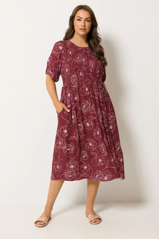 Floral Swirl Puff Sleeve Shirred Dress - Yours