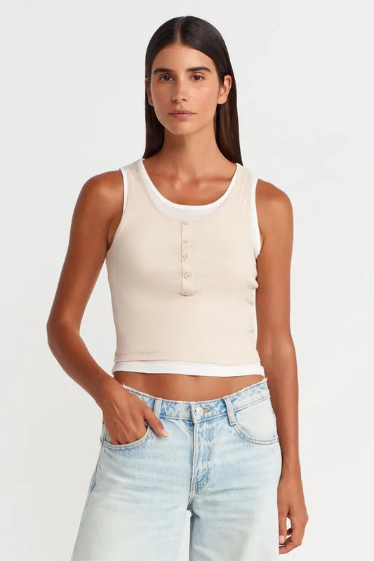 Cotton Ribbed Sleeveless Button Blouse - Dilvin