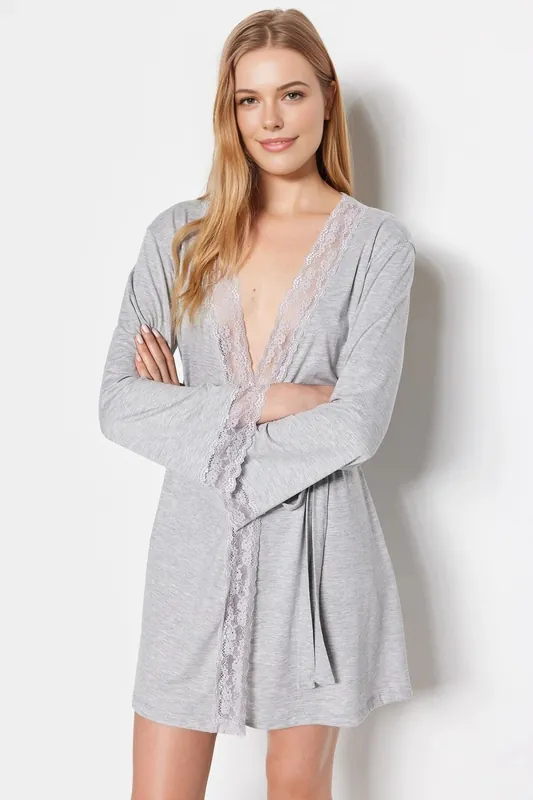 Women's Viscose Knit Lace-Trim Dressing Gown with Belt