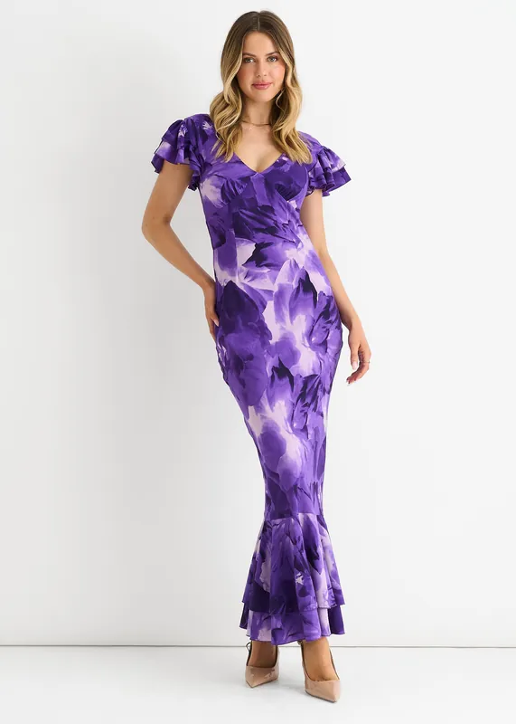Purple Watercolour Floral Maxi Dress - Gini London
