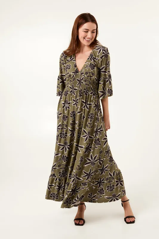 Khaki Tropical Print Shirred Waist Maxi Dress - Blue Vanilla