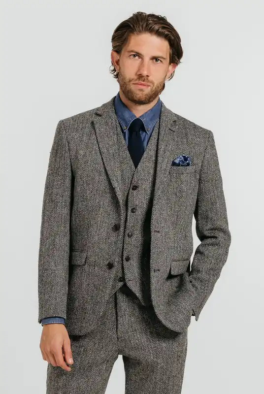 Grey Herringbone 2 Piece Harris Tweed Suit - Dobell