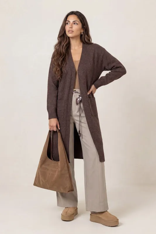 Chocolate Longline Wool Cardigan - Urban Bliss