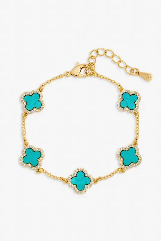 Gold Plated Turquoise Clover Station Bracelet - Jon Richard