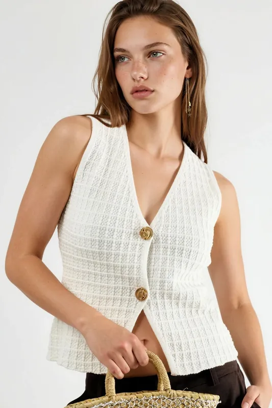 Textured Knitwear V-Neck Buttoned Top