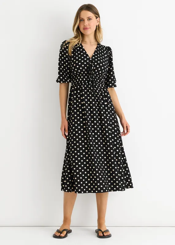 Black Spot Print Shirred Waist Shift Midi Dress - Gini London