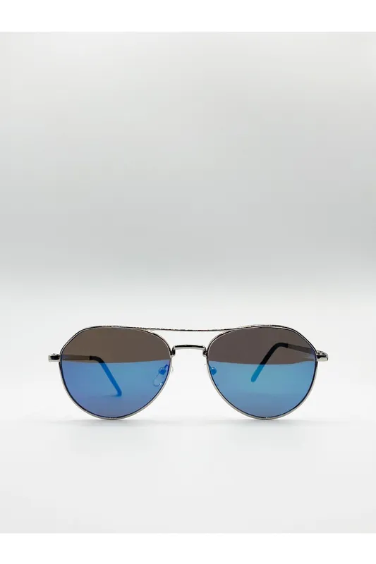 Silver Aviator Sunglasses With Blue Mirrored Lenses - SVNX