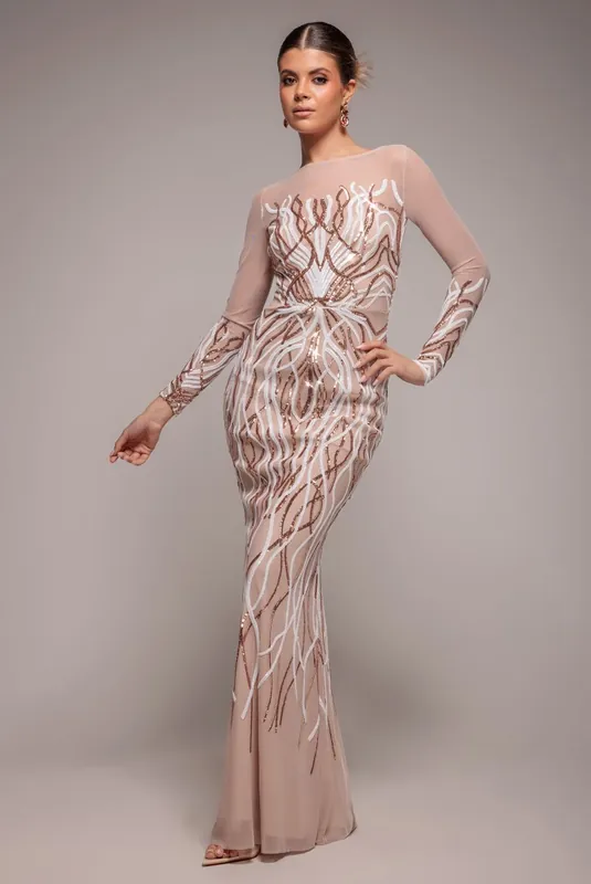 Long Sleeve Sequin Flame Maxi Dress - Goddiva