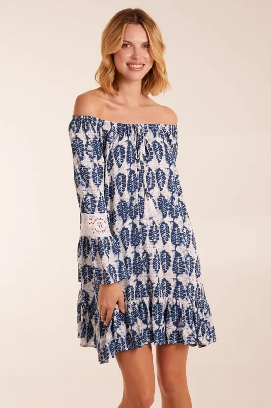 Leaf Print Scoop Neck Dress - Blue Vanilla