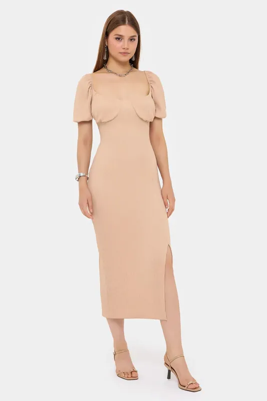 Sweetheart Neck Puff Sleeve Midi Dress with Side Slit - Hiccup