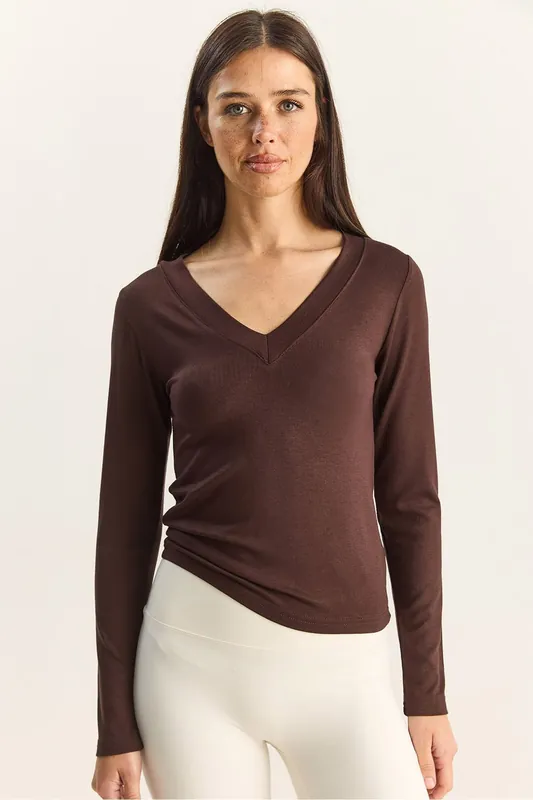 Fitted V-Neck Long Sleeve Blouse
