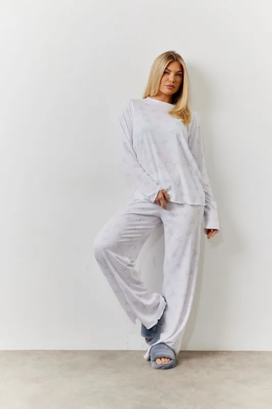 White Bow Print Long Sleeve Top and Trouser PJ Set - In The Style