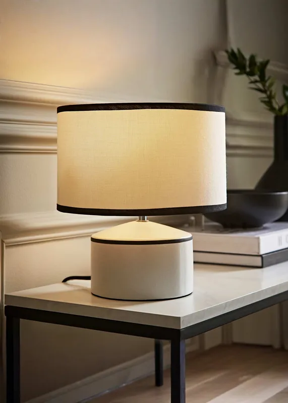Julia Black Trim Ceramic Table Lamp with Black Trim Linen Drum Shade - ValueLights