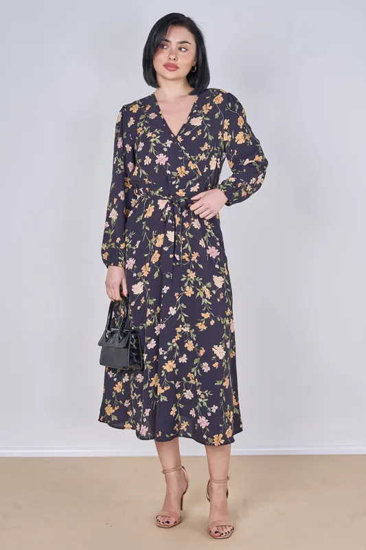 Black Vintage Floral Belted Crossover Midi Dress - Love Sunshine