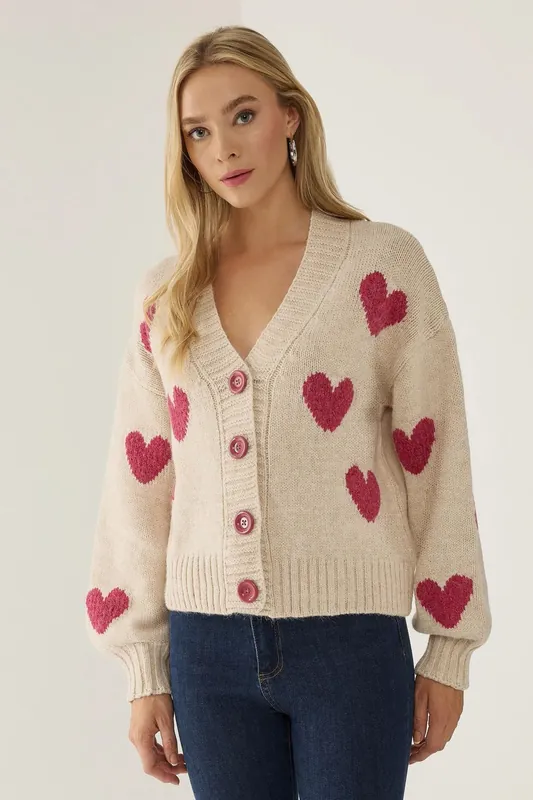 Heart Patterned Relaxed Fit Cardigan - Hiccup