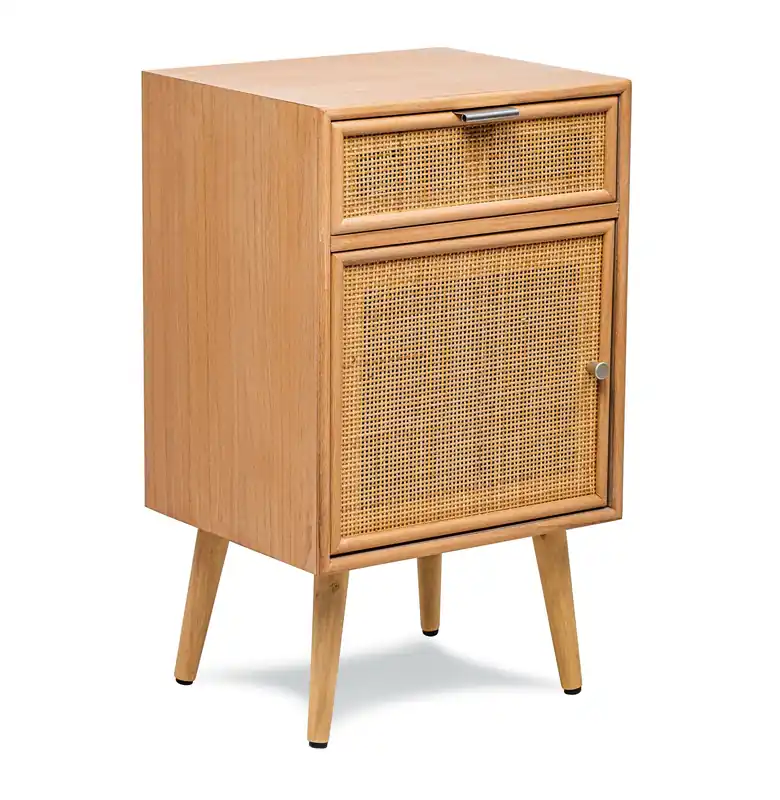Scandinavian Wooden Bedside Table with Rattan Drawer - Nordlys