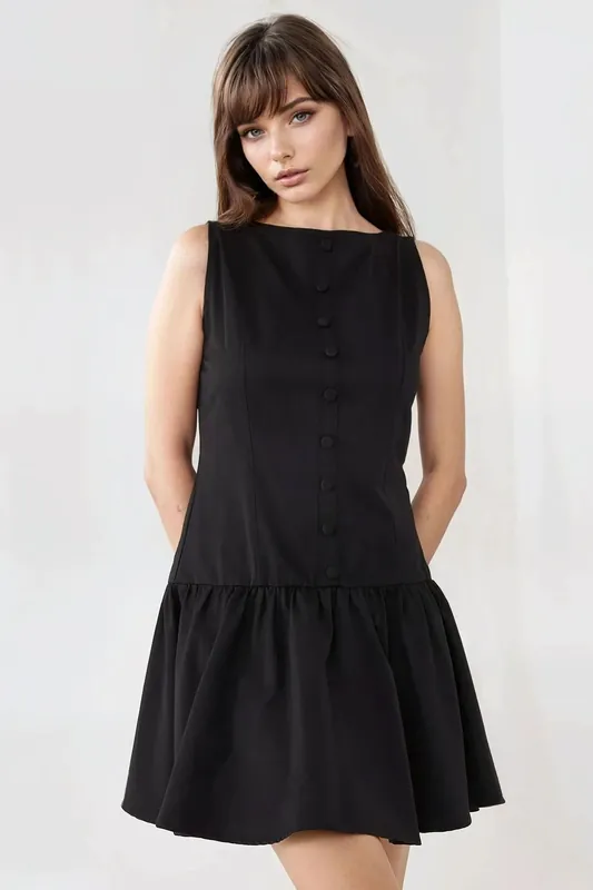 Sleeveless A-Line Mini Dress with Button Detail