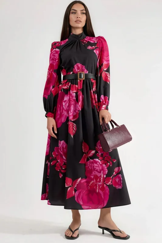 Floral Belted Maxi Dress with Half Turtleneck - MSN Collection