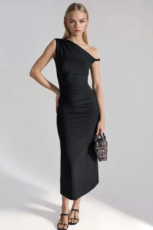 Asymmetrical Collar Bodycon Midi Dress - Hiccup