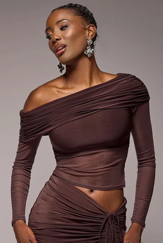 Gathered Bardot Asymmetric Mesh Panel Top - Goddiva