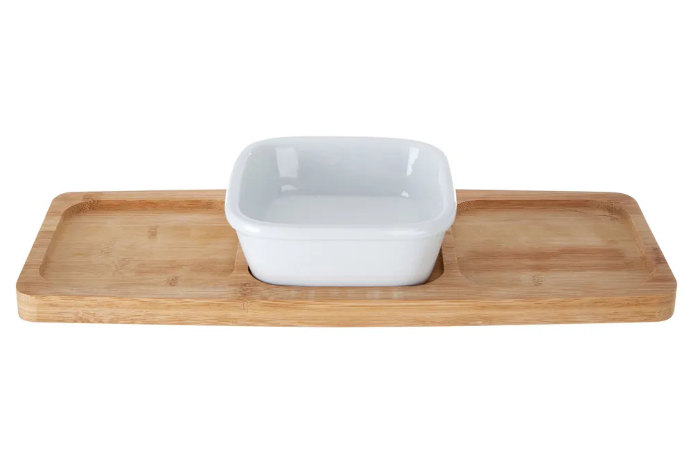Practical Design Bamboo Snack Tray With White Dipping Bowl, Stylish Snack Tray, Snack Tray - Orsina