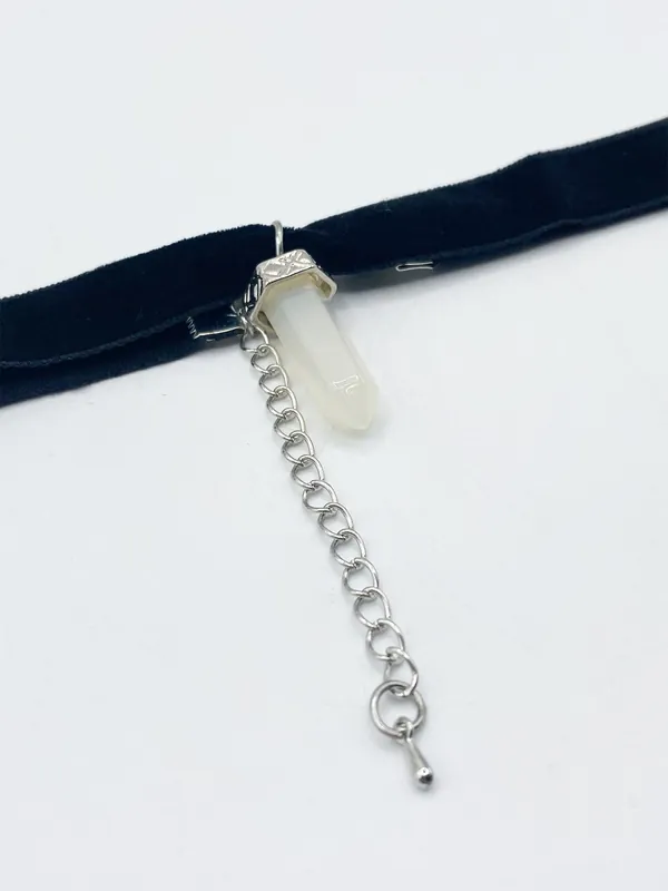 Black Faux Velvet Choker Necklace with Clear Stone Charm - SVNX