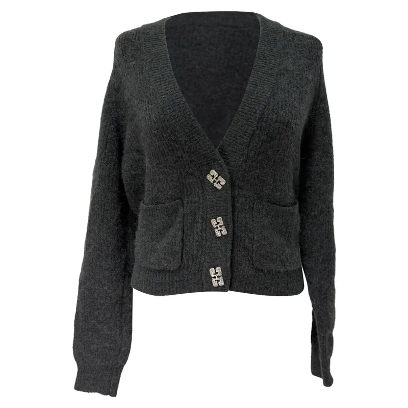 Preloved V-Neck Cardigan in Grey Wool
