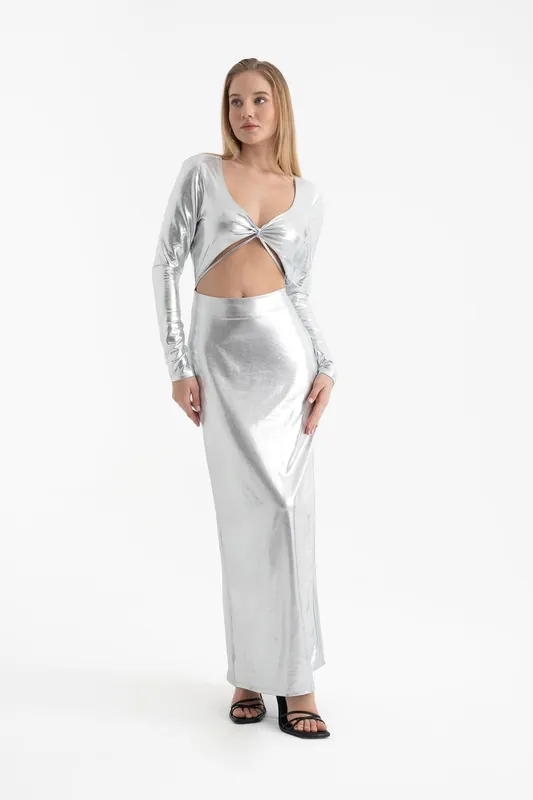 Metallic V Neck Cut Out Long Sleeve Maxi Dress - Hiccup