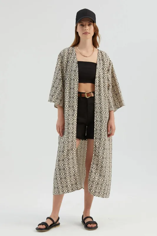 Geometric Long Kimono with a Belt Detail - Hiccup