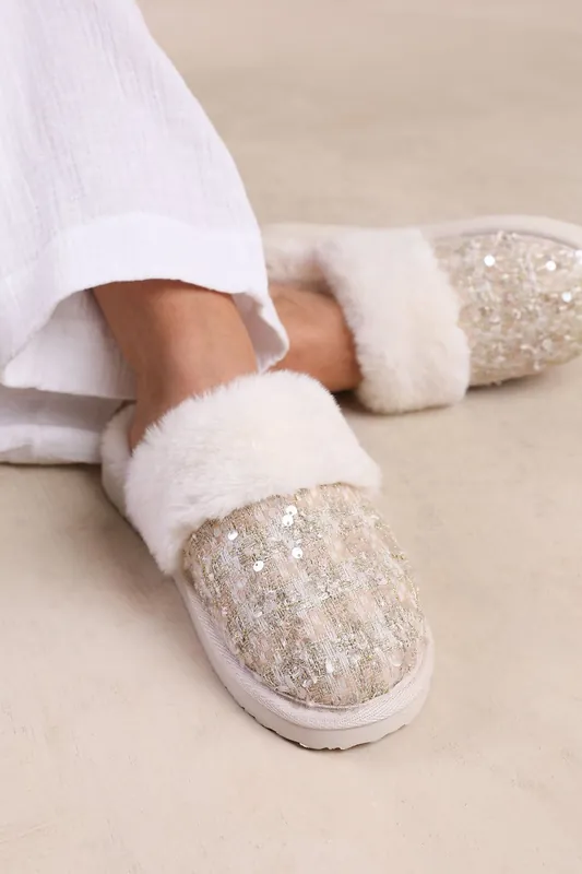 Snuggle' Slip On Sequin Slippers With Fur Trim - Where's That From