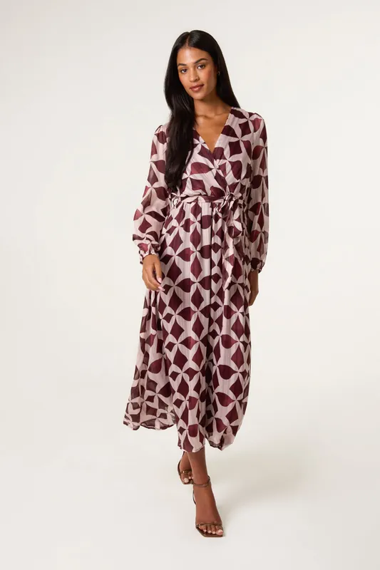 Wine Geometric Metallic Wrap Maxi Dress - Blue Vanilla