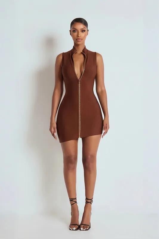 The Serena Brown Diamante Zip Bandage Dress - LEMONLUNAR