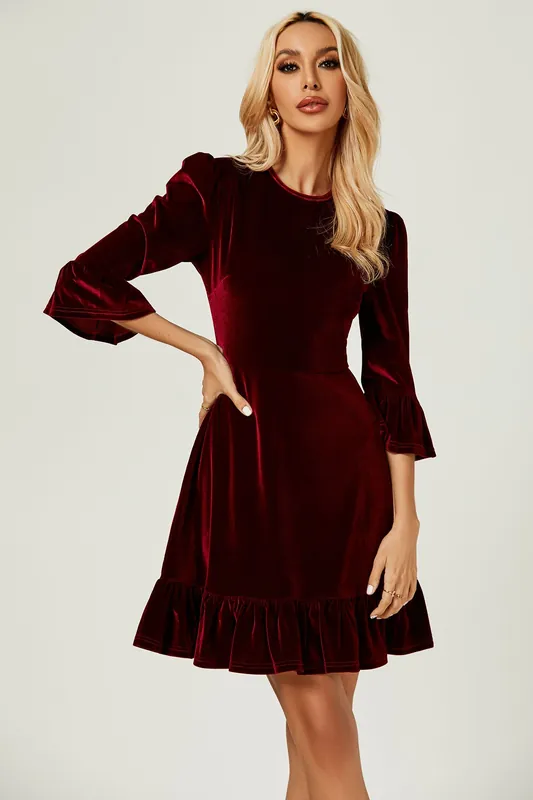 Velvet Frill Detail Mini Dress In Wine - FS Collection