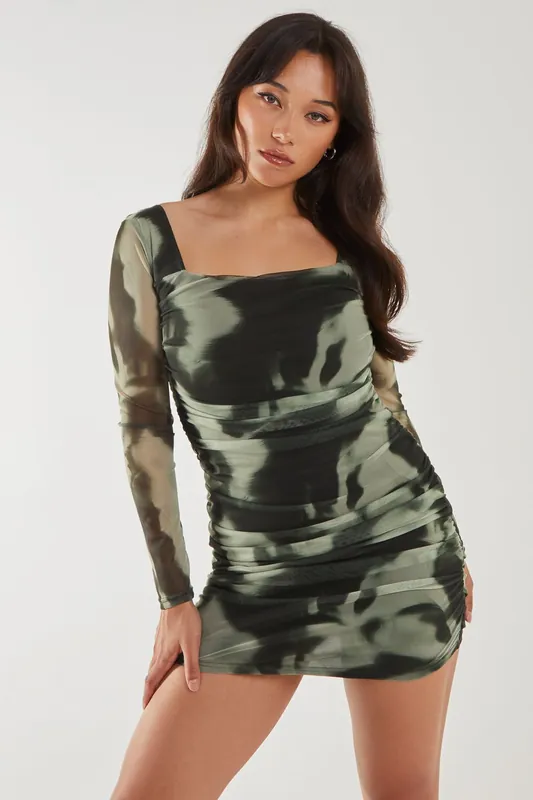 Smokey Print Long Sleeve Mesh Mini Dress - Pink Vanilla