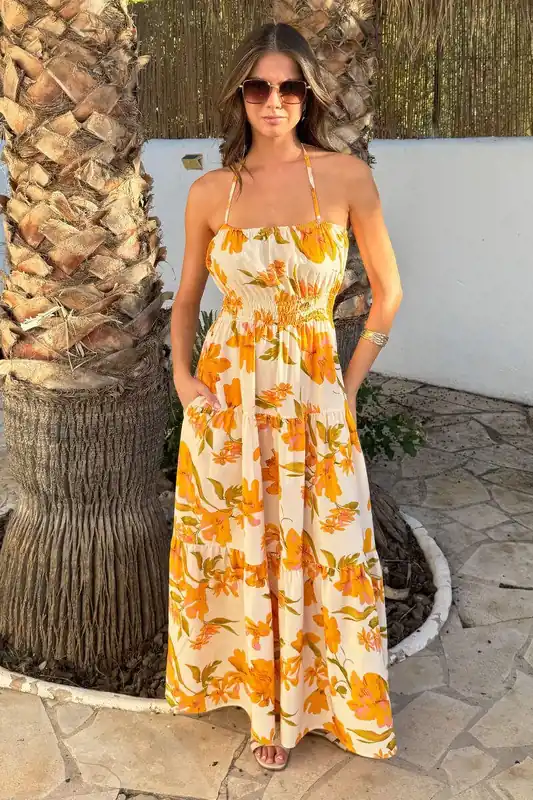 Yellow Floral Print Tie Neck Smock Midi Dress - AX Paris