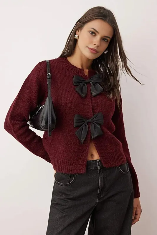 Crew Neck Knit Cardigan with Ribbon Detail - WOVCOR