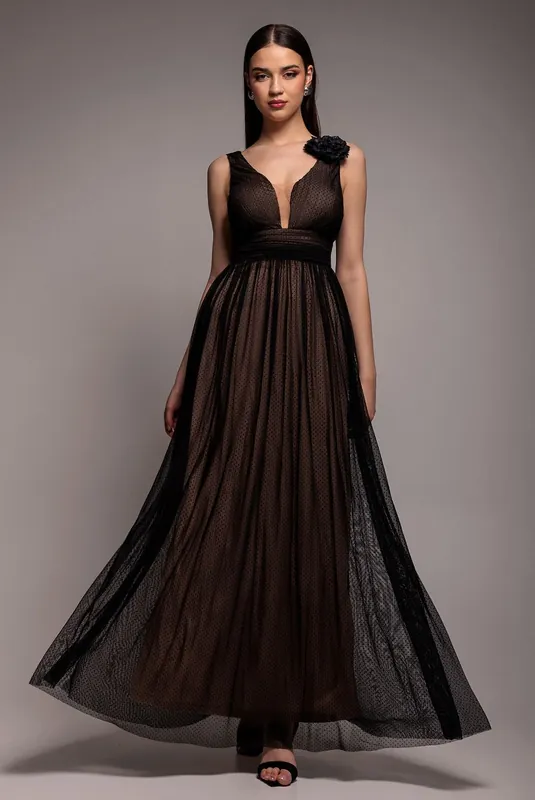 Sleeveless Pleated Dobby Mesh Corsage Maxi Dress - Goddiva