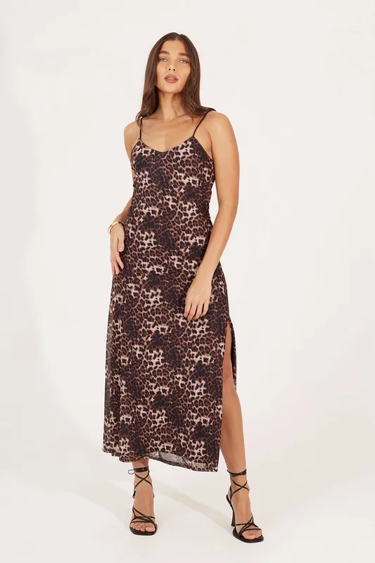Strappy Leopard Print Maxi Dress With Split - Brave Soul