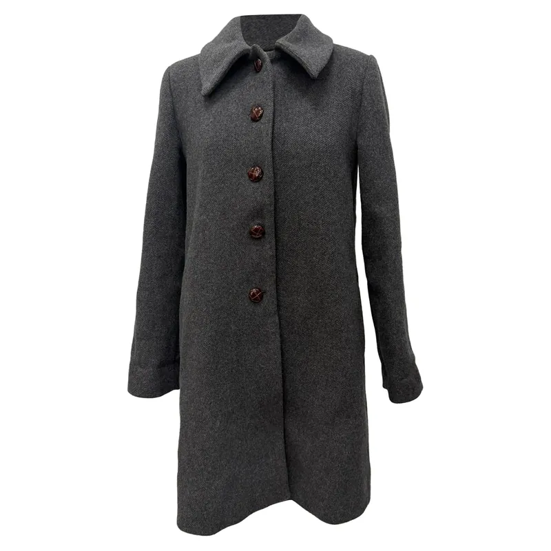 Preloved Collared Trench Coat in Grey Wool - Ganni