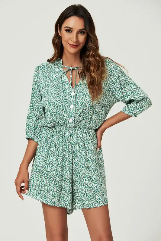 Daisy Floral Print Boho Playsuit With Buttons In Green - FS Collection