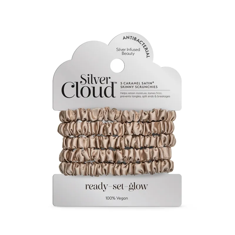 Silver Cloud Silver Ion Infused Satin Skinny Scrunchies Caramel 5 Pack